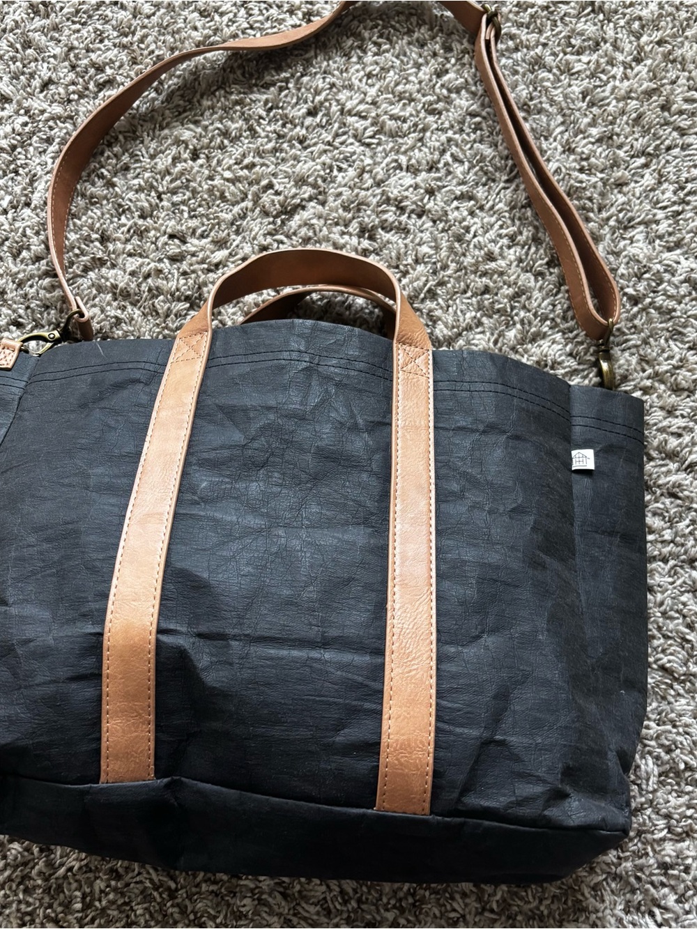 Black Tote Bag with Tan Straps - paper Magnolia bag detachable long strap